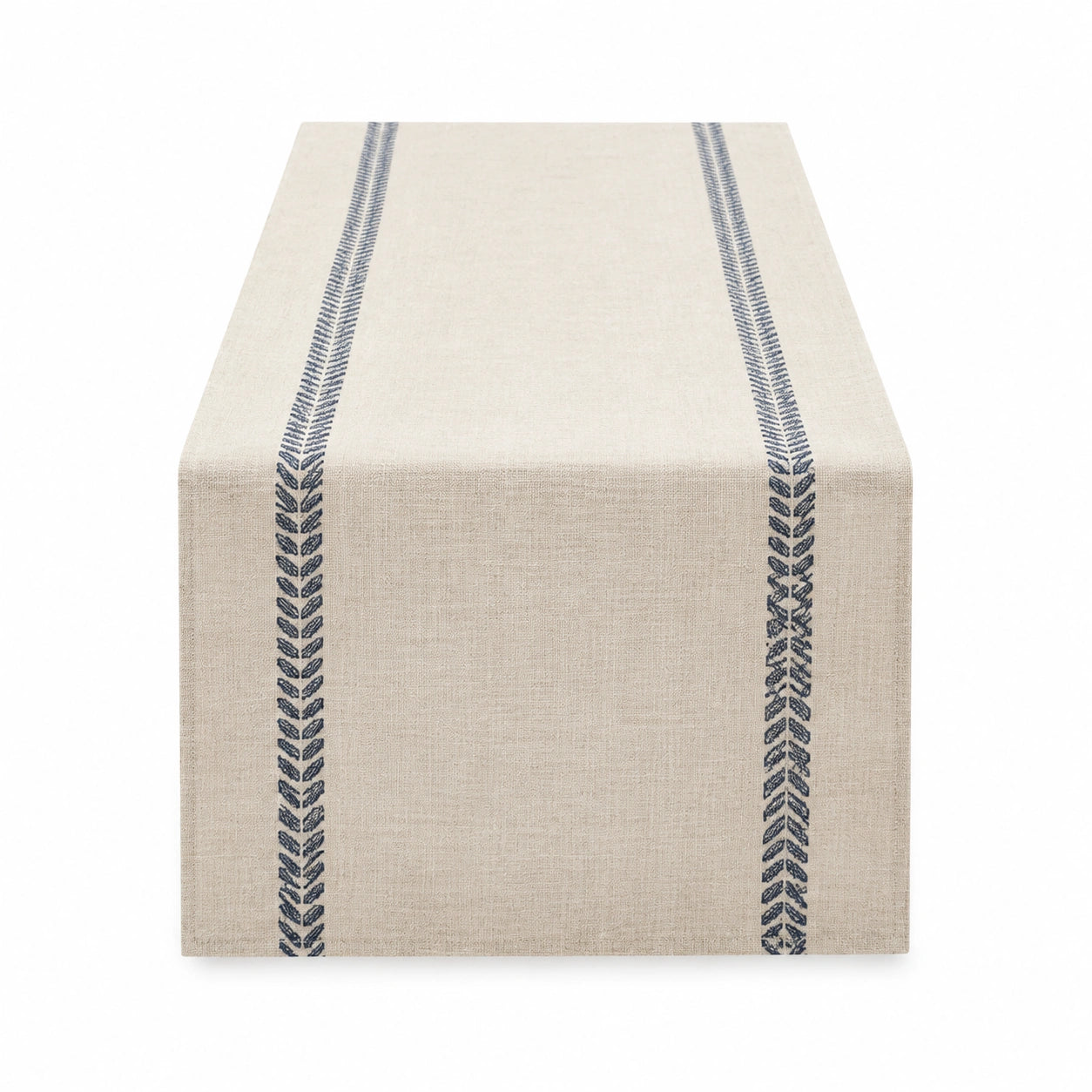 Camino de mesa 180 x 33 cm de tejido beige y azul con bordado decorativo
