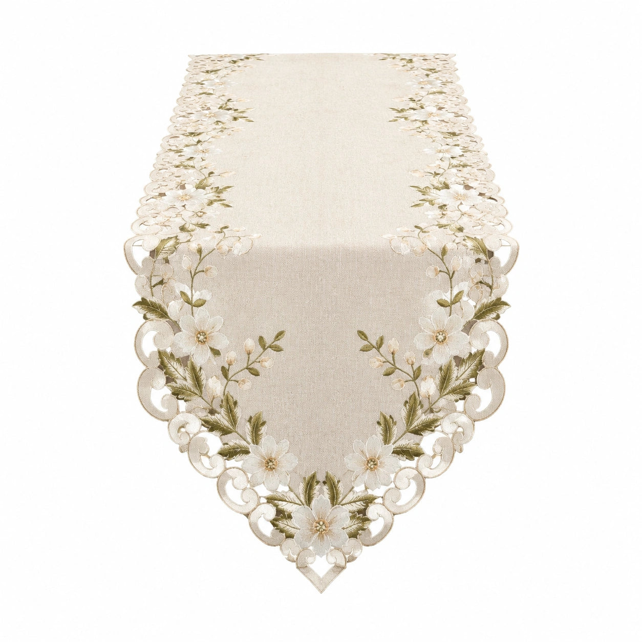 Camino de mesa 180 x 40 cm de poliéster beige bordado floral calado clásico