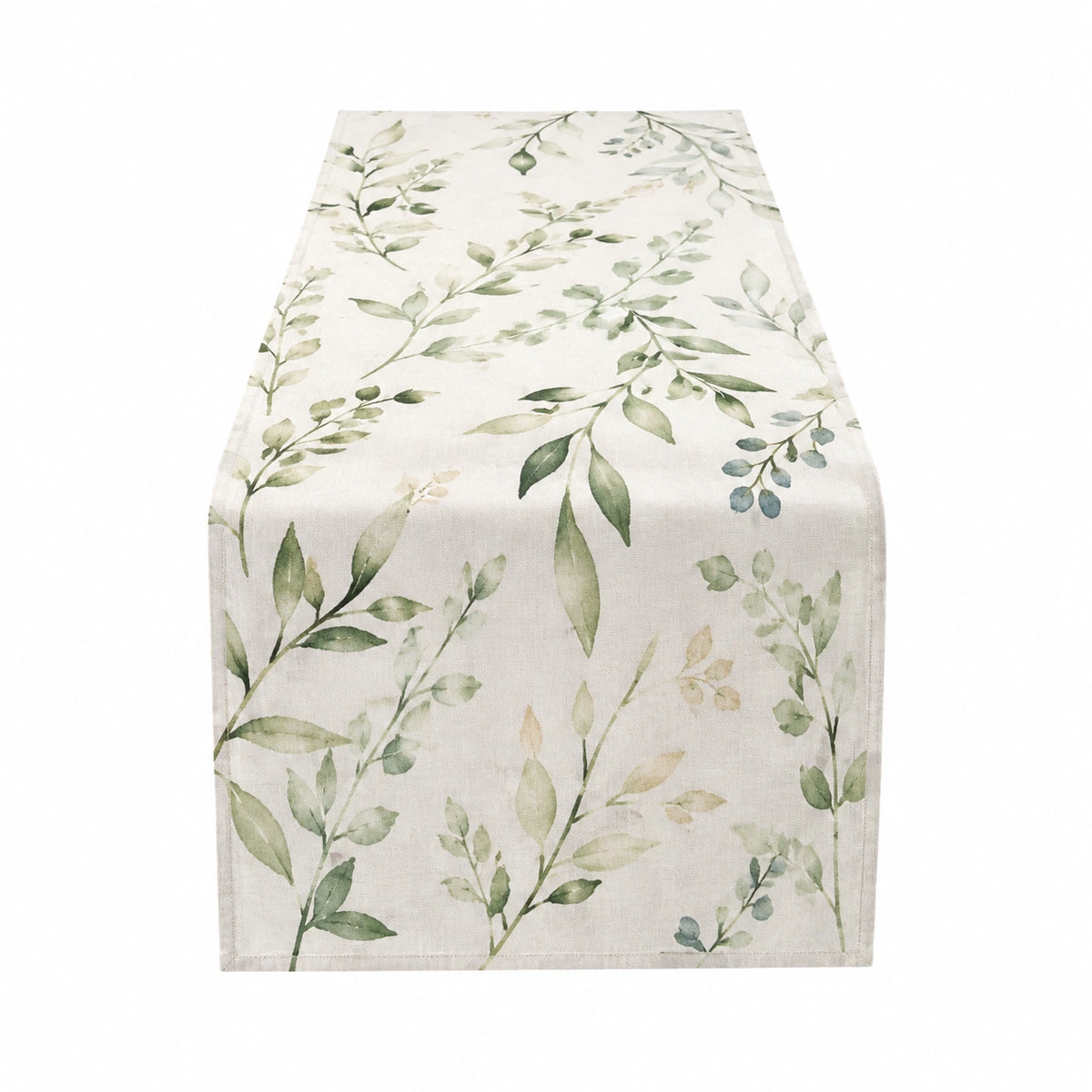 Camino de mesa 180 x 33 cm de tejido beige y verde con estampado botánico