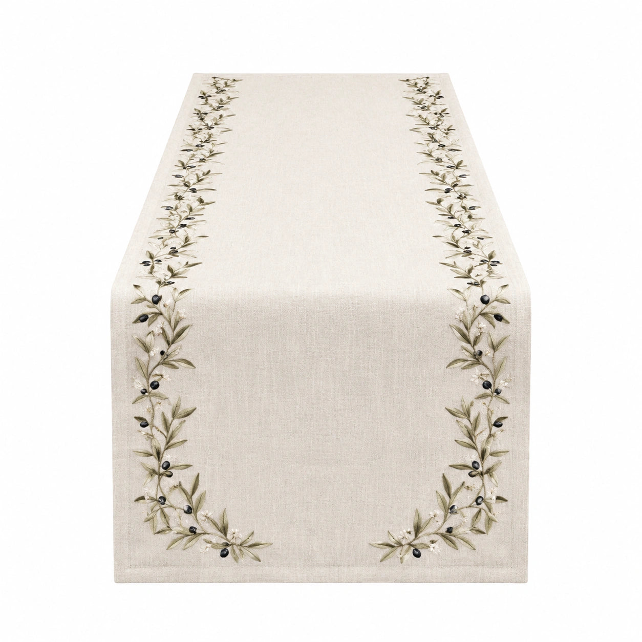 Camino de mesa 180 x 40 cm beige de tejido con bordado de ramas de olivo decorativo
