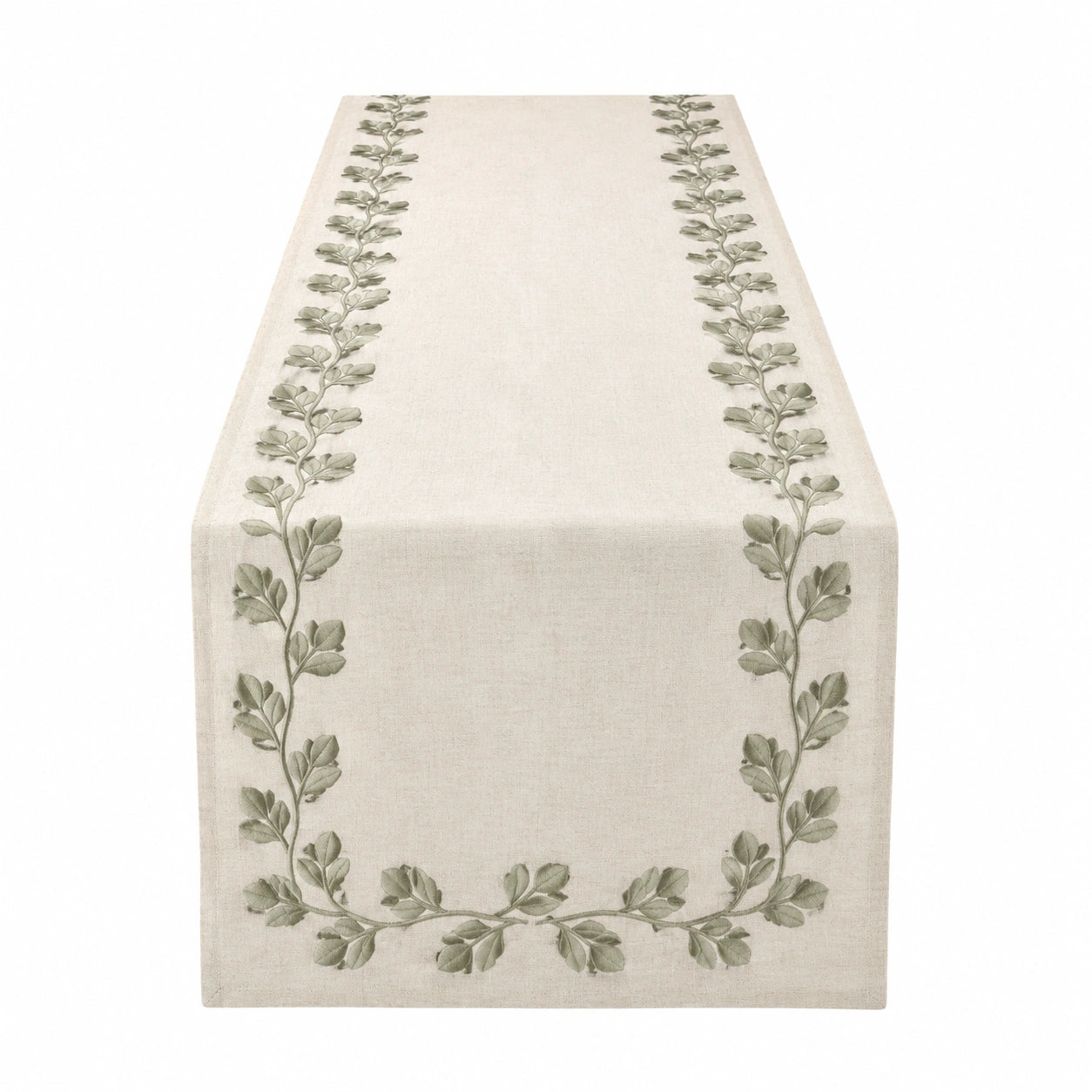 Camino de mesa 40 x 180 cm beige y verde con hojas bordadas estilo natural