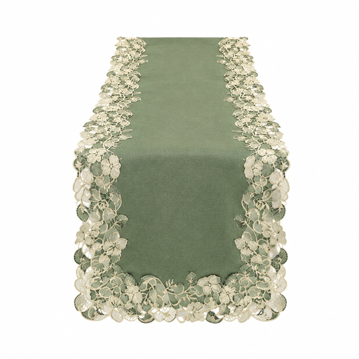 Camino de mesa 180 x 40 cm de poliéster verde con encaje floral decorativo