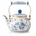 Tetera de porcelana 2.00 L blanca y azul con flores y asa metálica