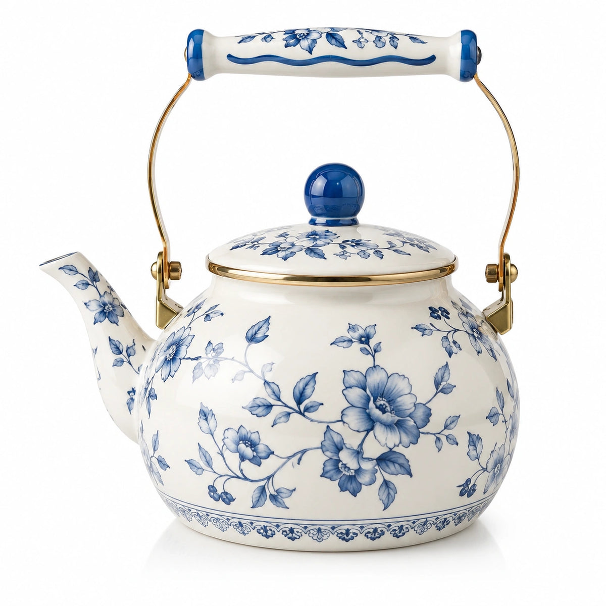 Tetera de porcelana 2.00 L blanca y azul con flores y asa metálica