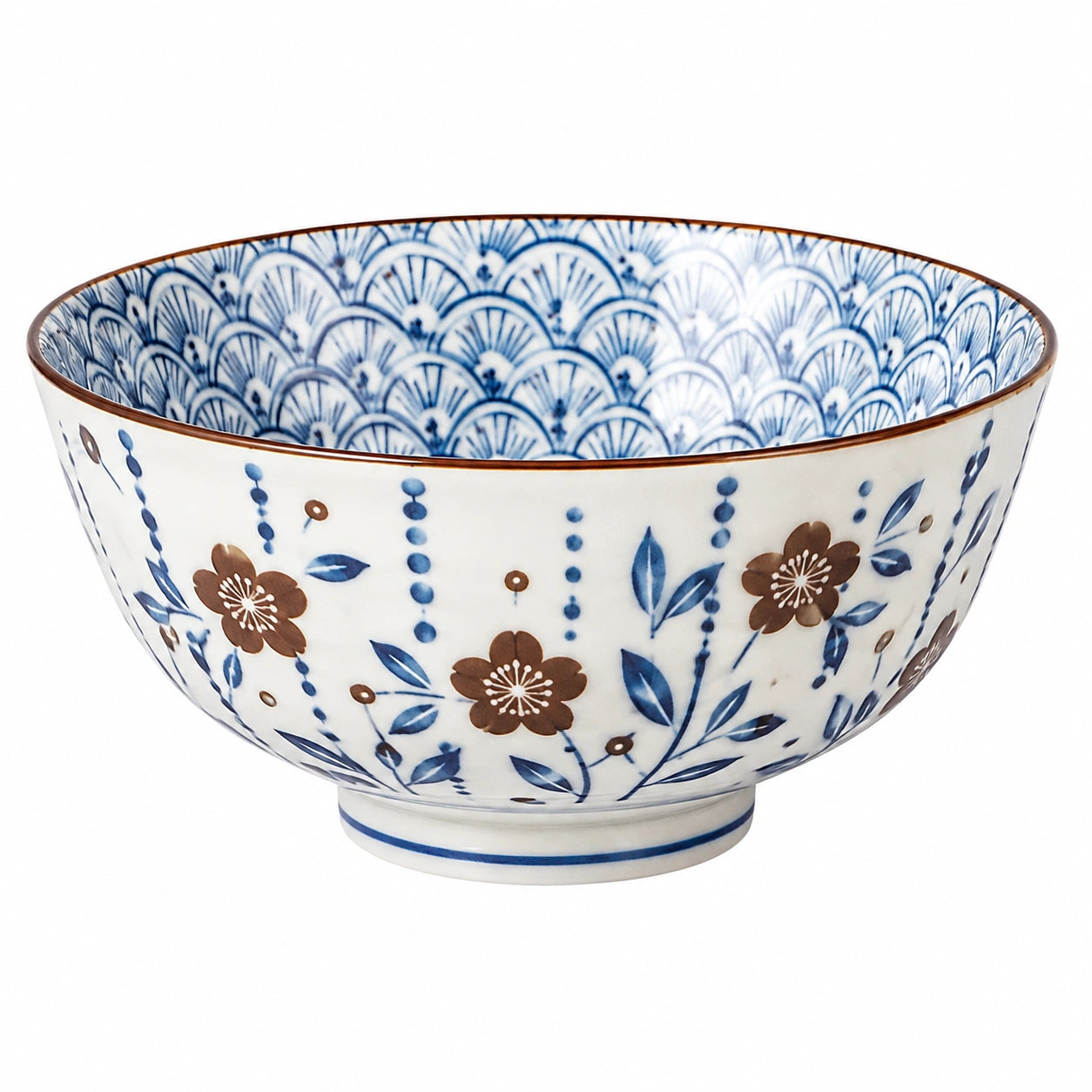 Cuenco de cerámica 18 cm blanco azul y marrón con flores para servir
