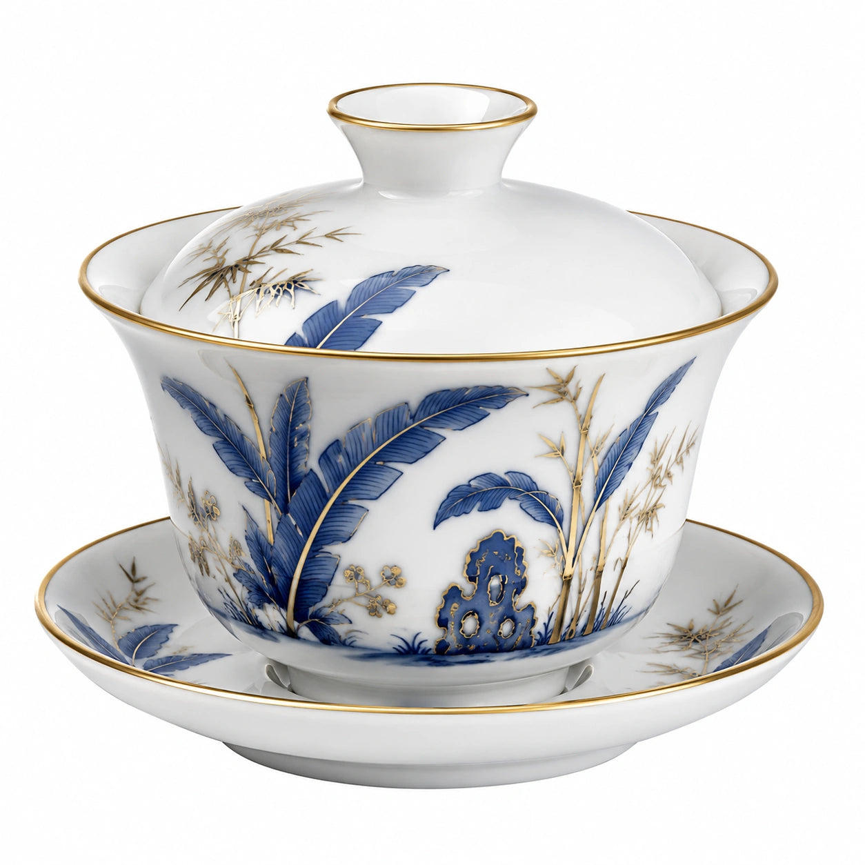 Juego de gaiwan de porcelana 150 ml blanco azul con borde dorado para té