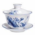 Taza de té gaiwan 150 ml de porcelana blanca y azul con flores estilo tradicional