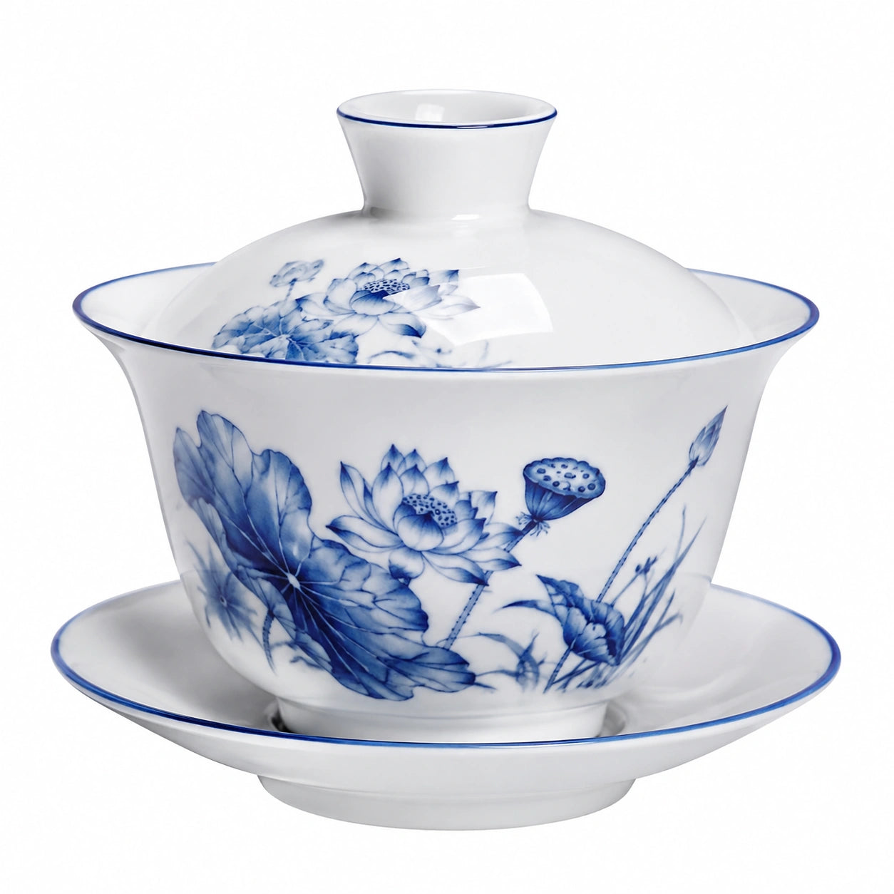 Taza de té gaiwan 150 ml de porcelana blanca y azul con flores estilo tradicional