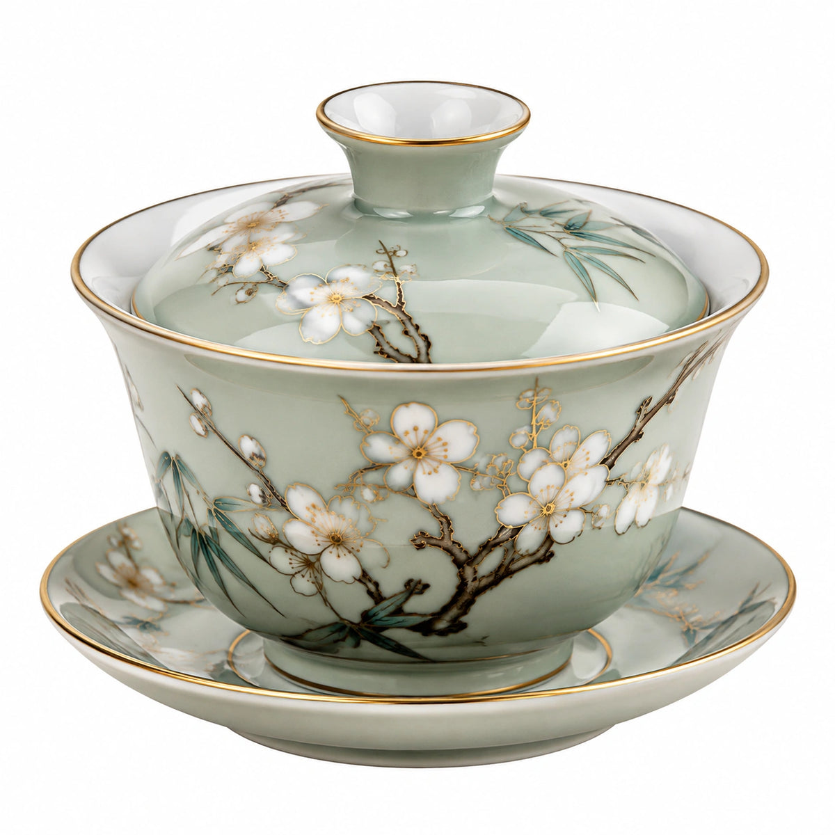 Taza gaiwan de porcelana 150 ml verde con flores y tapa para té