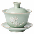 Taza gaiwan de cerámica 180 ml verde celadón con tapa y platillo floral