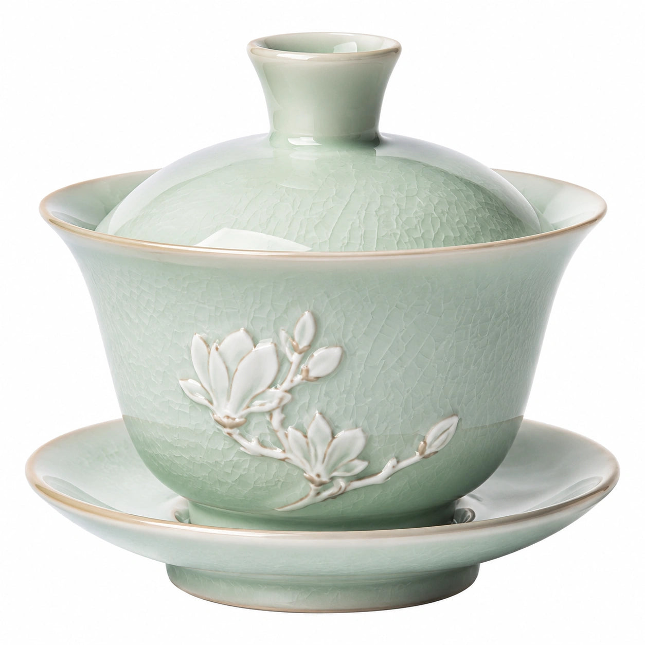 Taza gaiwan de cerámica 180 ml verde celadón con tapa y platillo floral