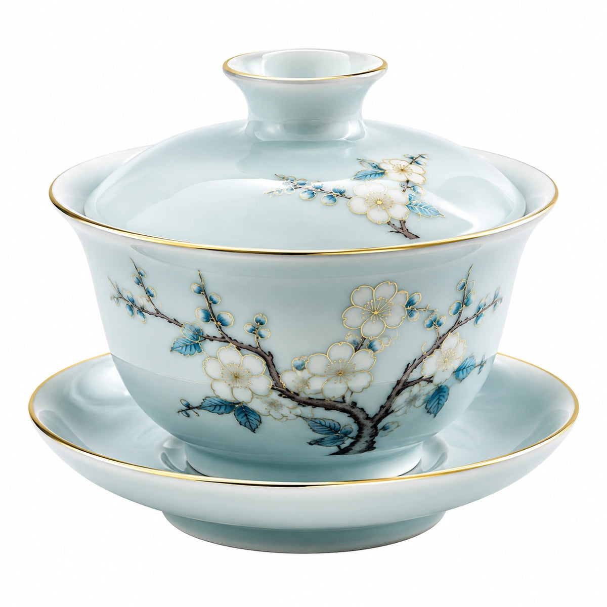 Taza gaiwan de porcelana 150 ml azul claro con flores y borde dorado