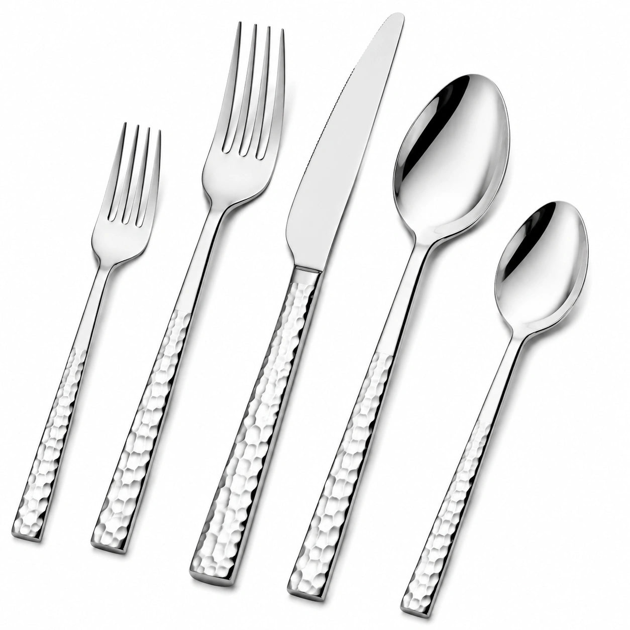 Cubertería de 5 piezas en acero inoxidable plateado con mango texturizado para mesa