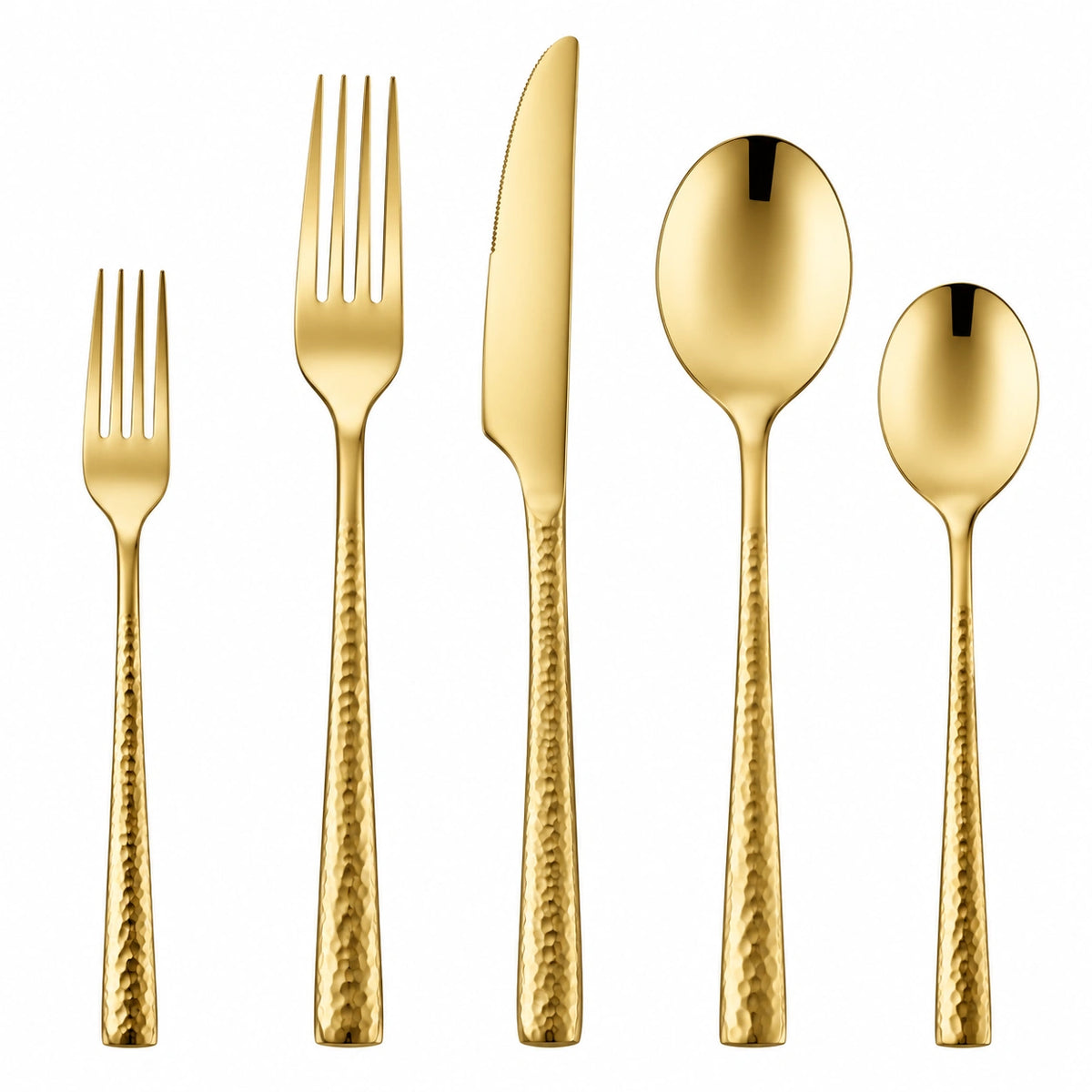 Cubiertos de mesa 5 piezas de acero inoxidable dorado para 1 comensal con mango martillado
