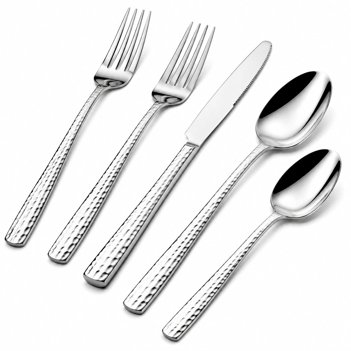 Juego de cubiertos de mesa 5 piezas acero inoxidable plateado con mango martillado