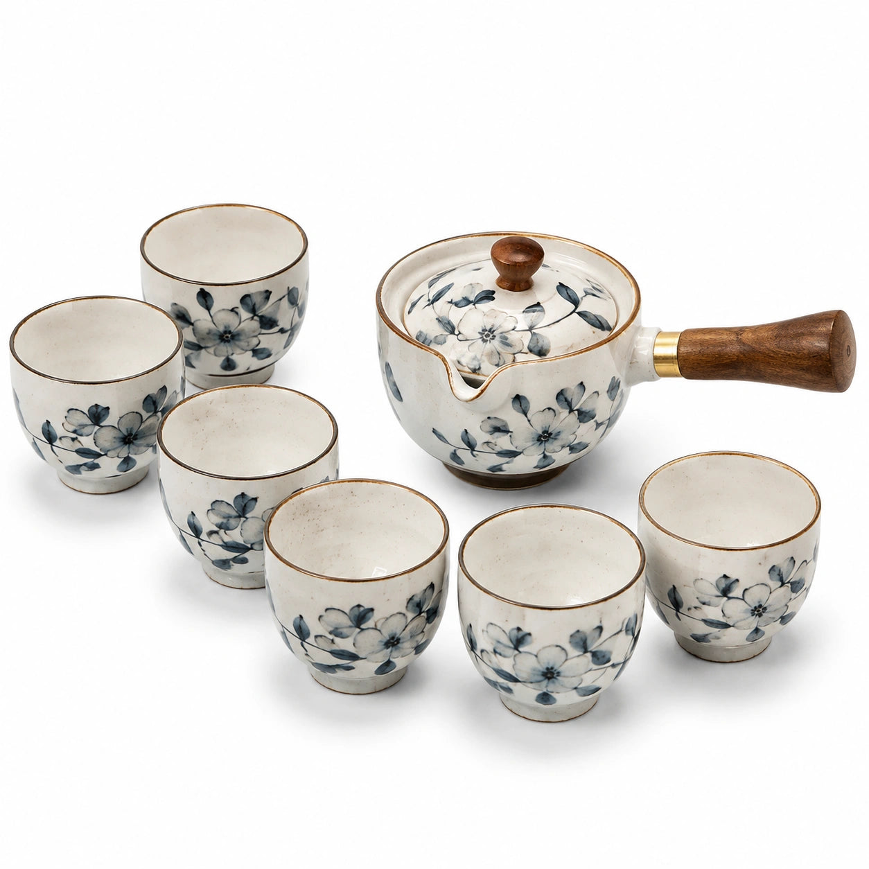 Juego de té de cerámica 7 piezas blanco y azul con flores y asa de madera