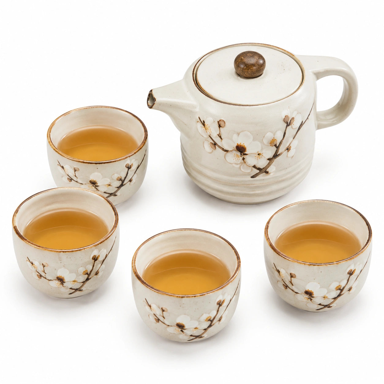 Juego de té de cerámica 5 piezas beige con flores para 4 personas