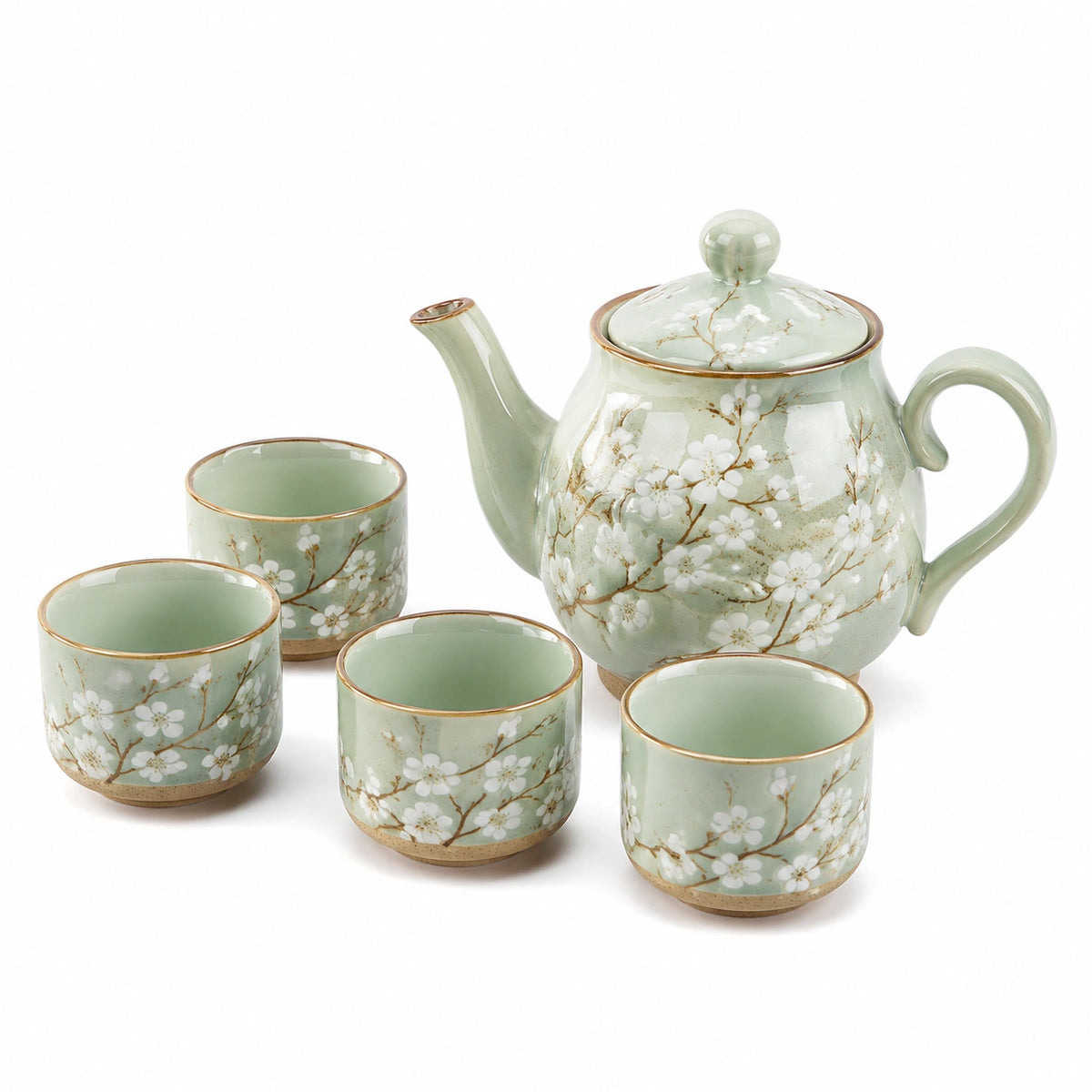 Juego de té de cerámica verde floral 5 piezas - tetera 18 x 13 cm con 4 tazas
