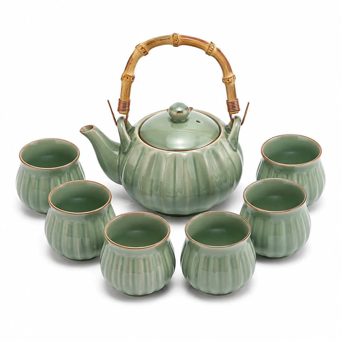 Juego de té de cerámica verde de 7 piezas - tetera 700 ml con asa de bambú y tazas 90 ml