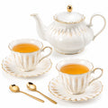 Juego de té de porcelana blanca y dorada para 2 personas con tetera 900 ml