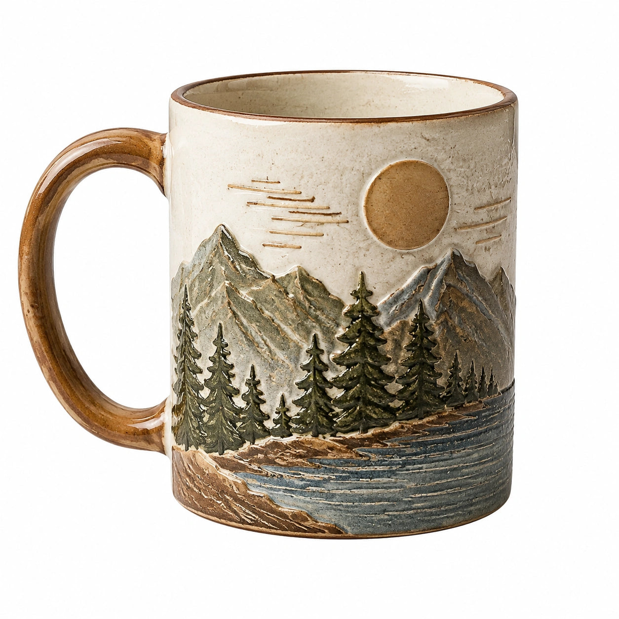 Taza de cerámica 350 ml beige marrón y verde con relieve de paisaje