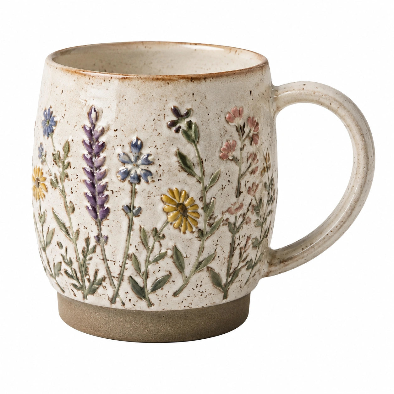 Taza de cerámica 450 ml beige con flores en relieve estilo rústico