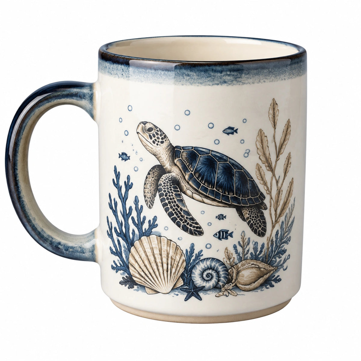 Taza de cerámica 350 ml blanca y azul con tortuga marina