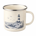 Taza esmaltada 450 ml beige con borde de acero y diseño de faro
