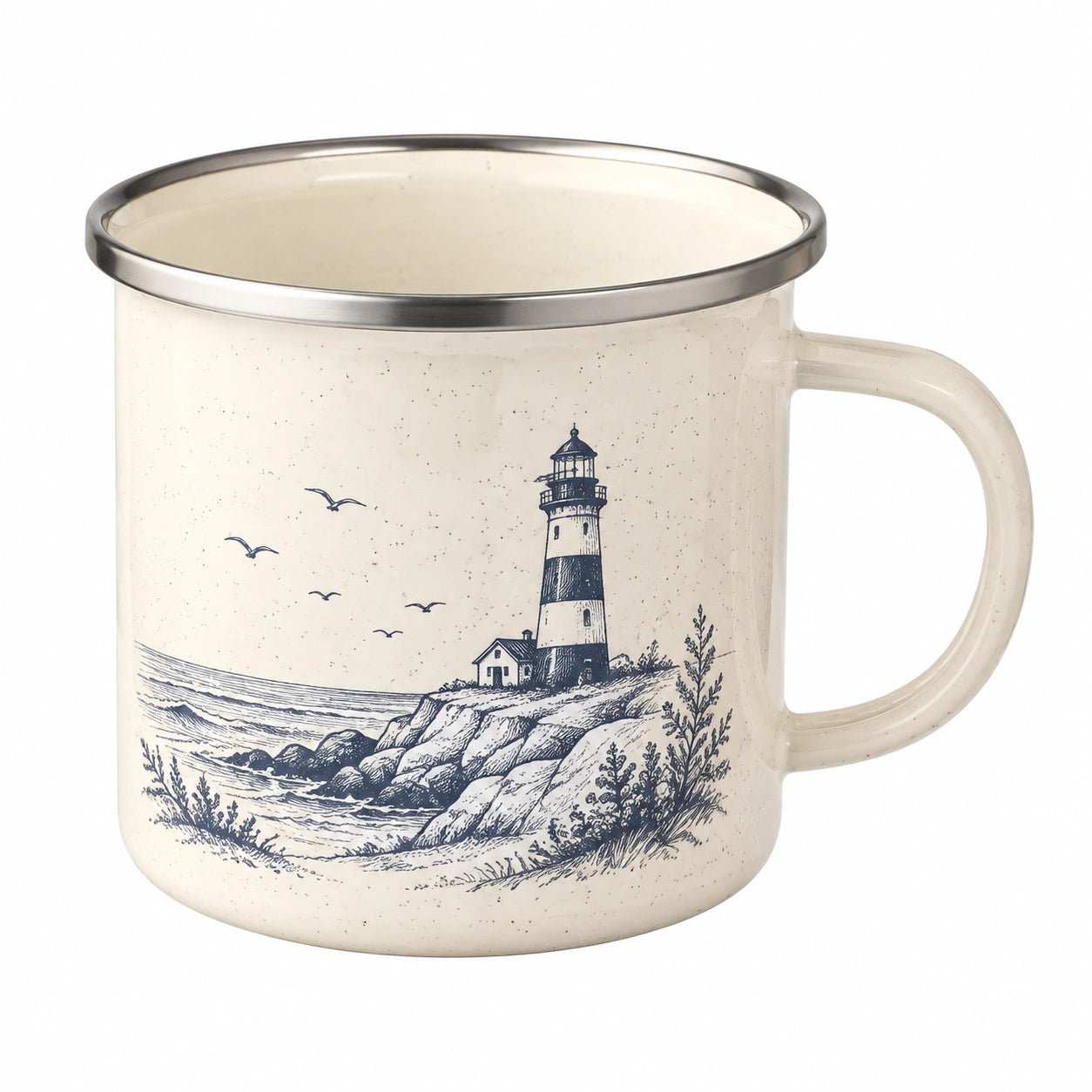 Taza esmaltada 450 ml beige con borde de acero y diseño de faro